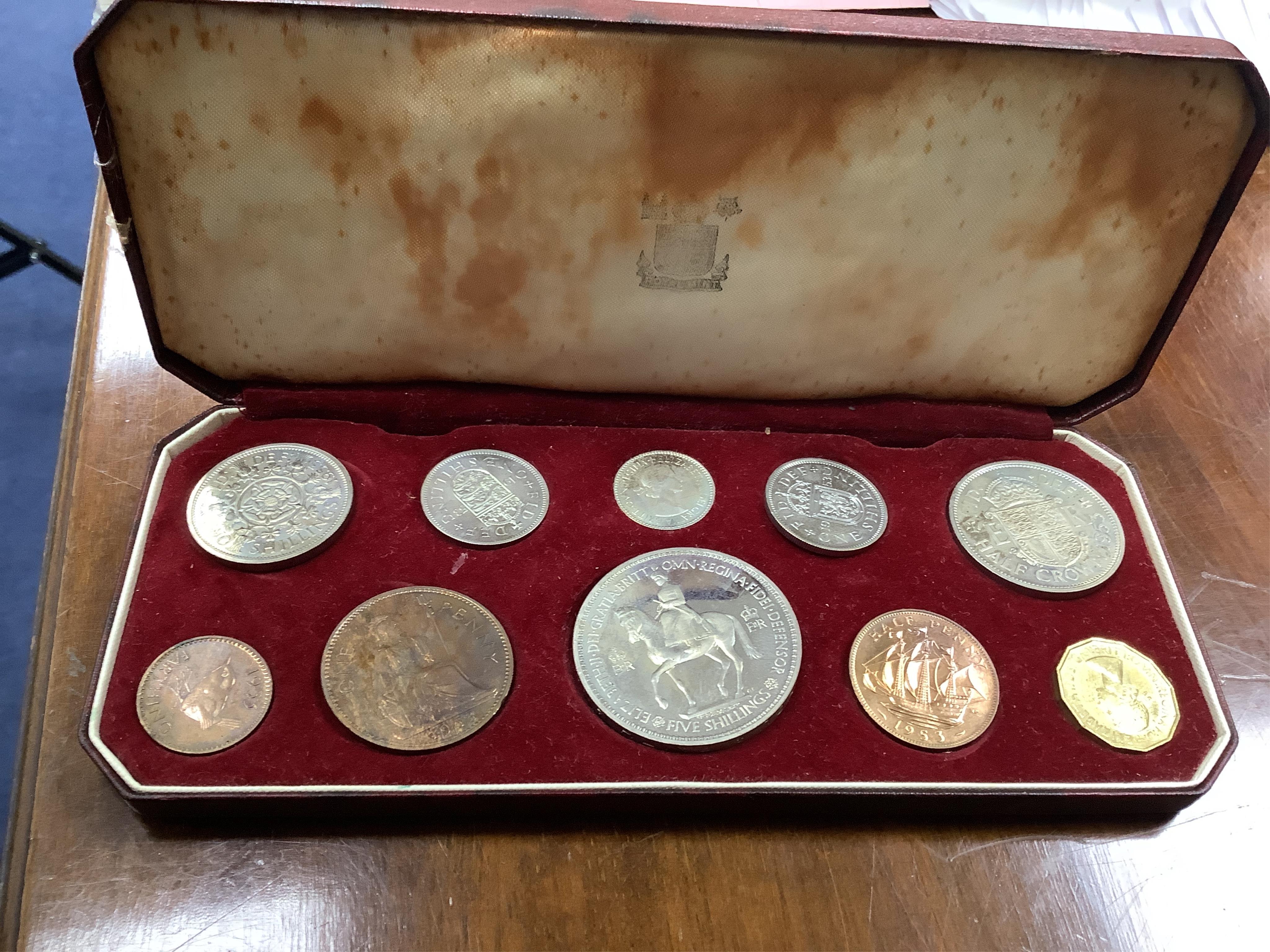 British coins, Elizabeth II, 1953 coronation proof coin set, UNC retaining much lustre, the fitted case with staining to the interior